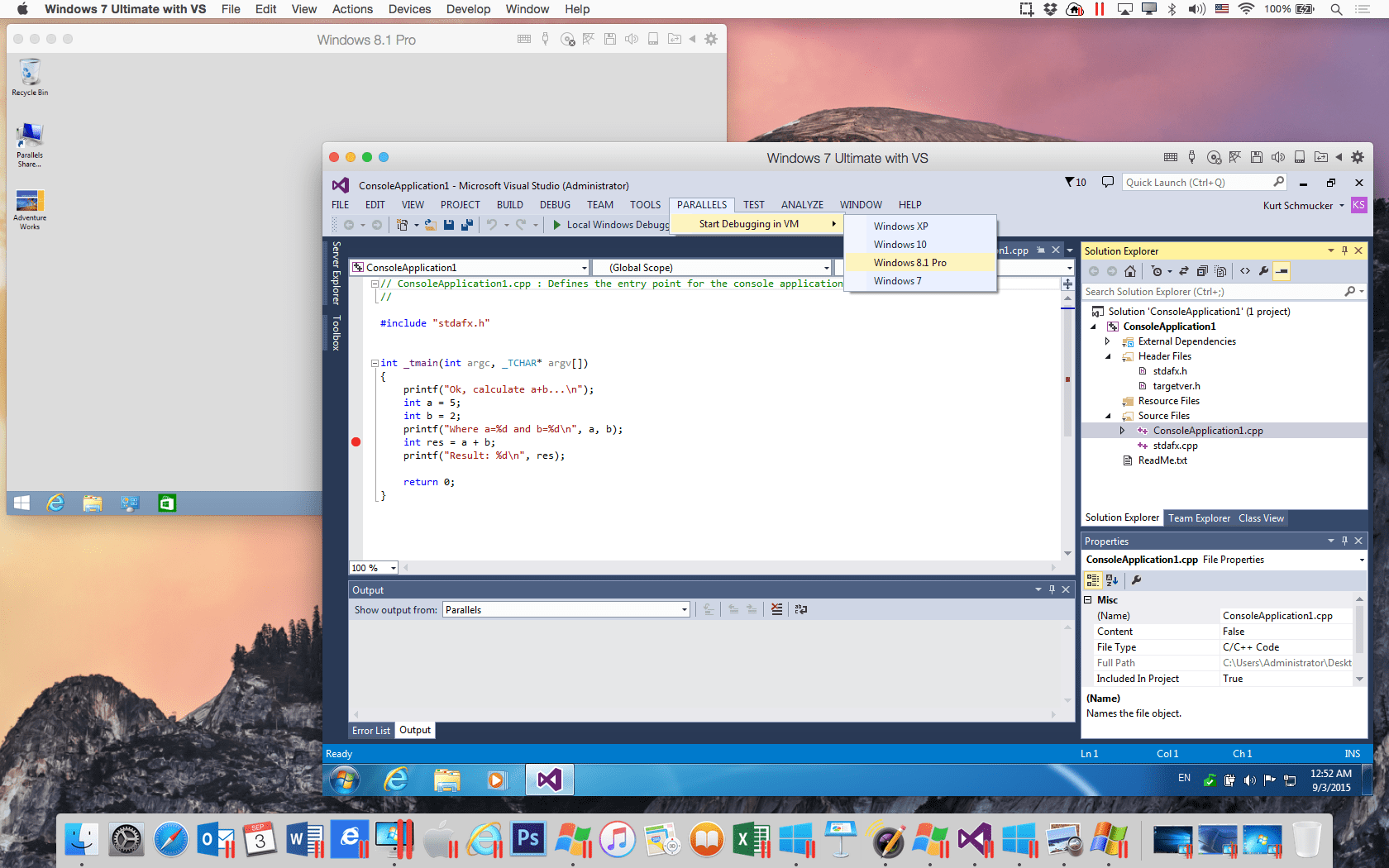 Figure 2: The Parallels remote debugging menu in Visual Studio.