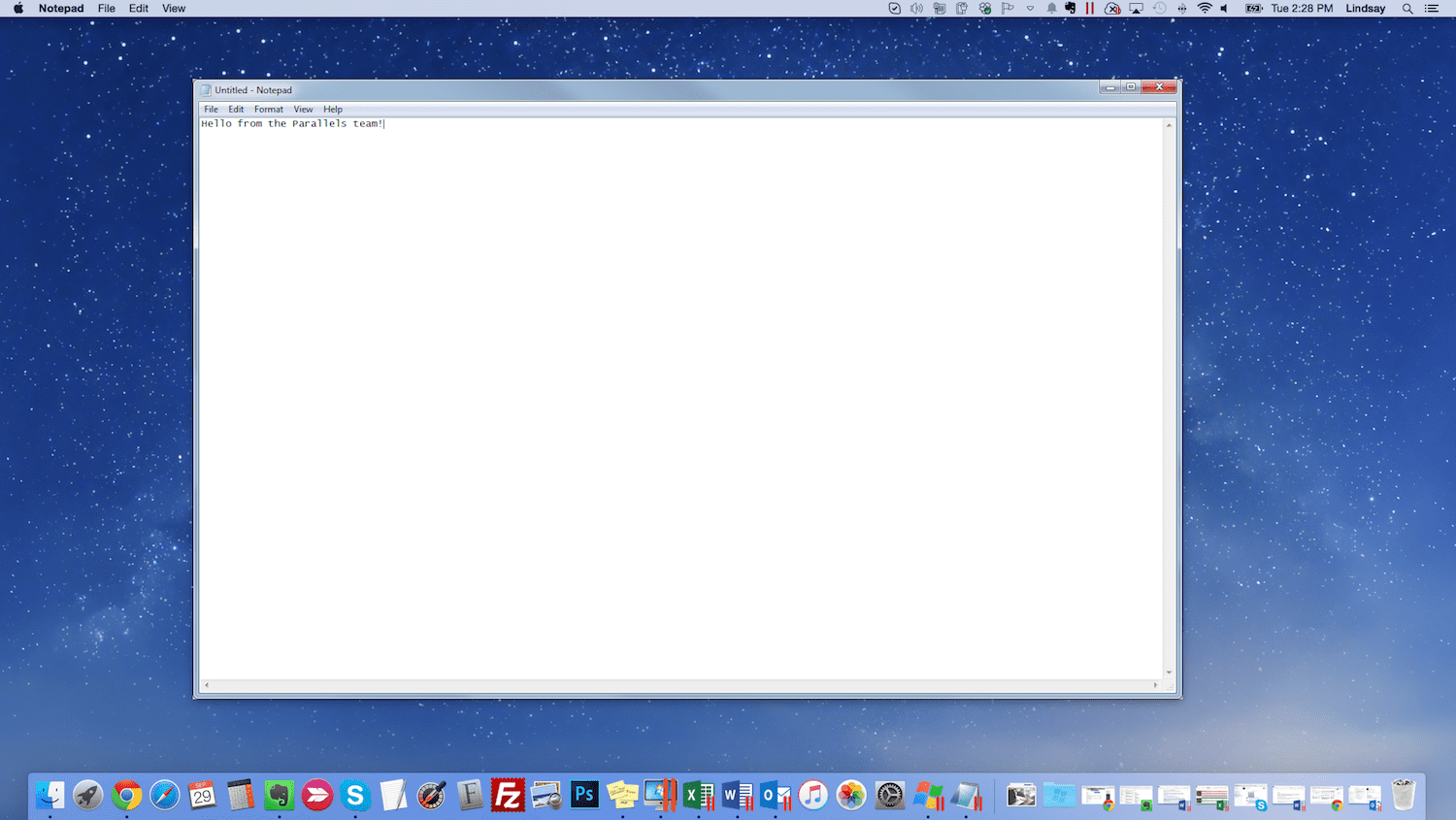 Windows Notepad running on my Mac desktop using Parallels Desktop in Coherence Mode.