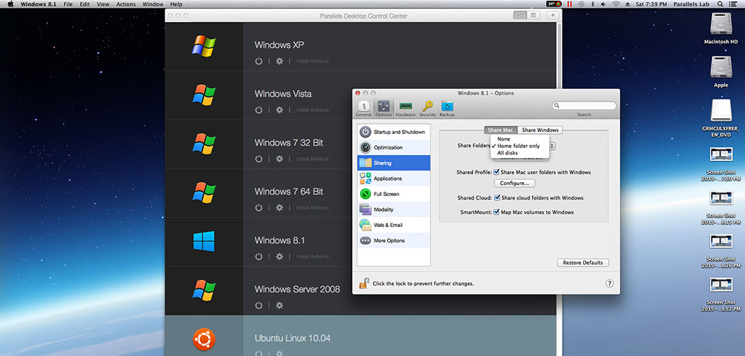 Sharing Options in Parallels Desktop 11