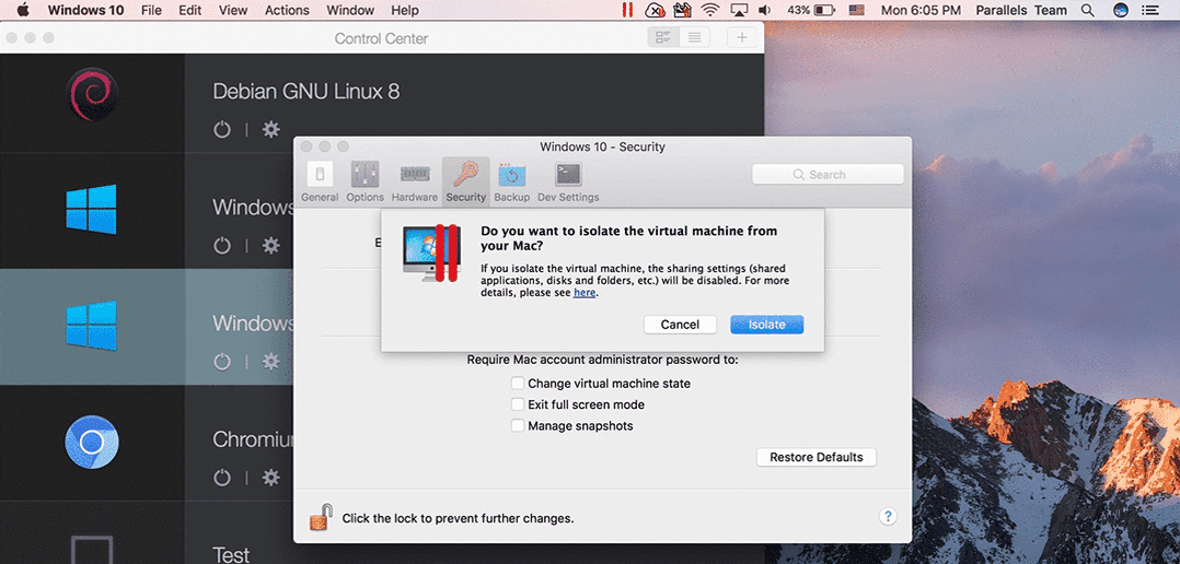 Isolating a Virtual Machine in Parallels Desktop