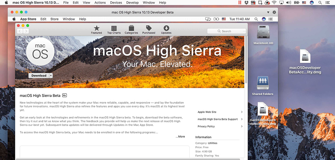 Running the High Sierra Developer Beta in a Parallels Desktop virtual machine