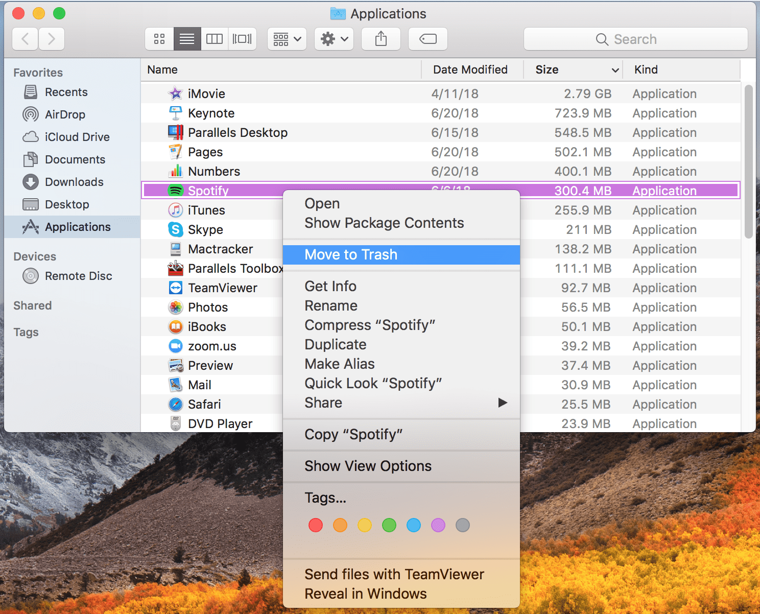 Move Application to trash in MacOS