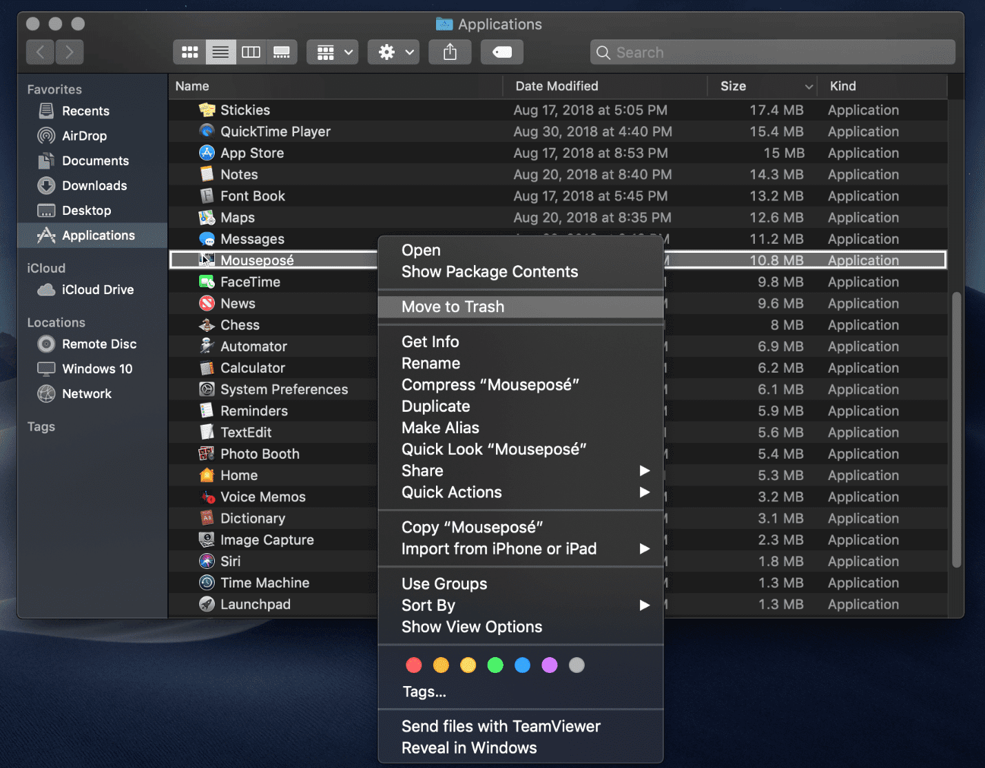 Move Applications Folder to Trash macOS
