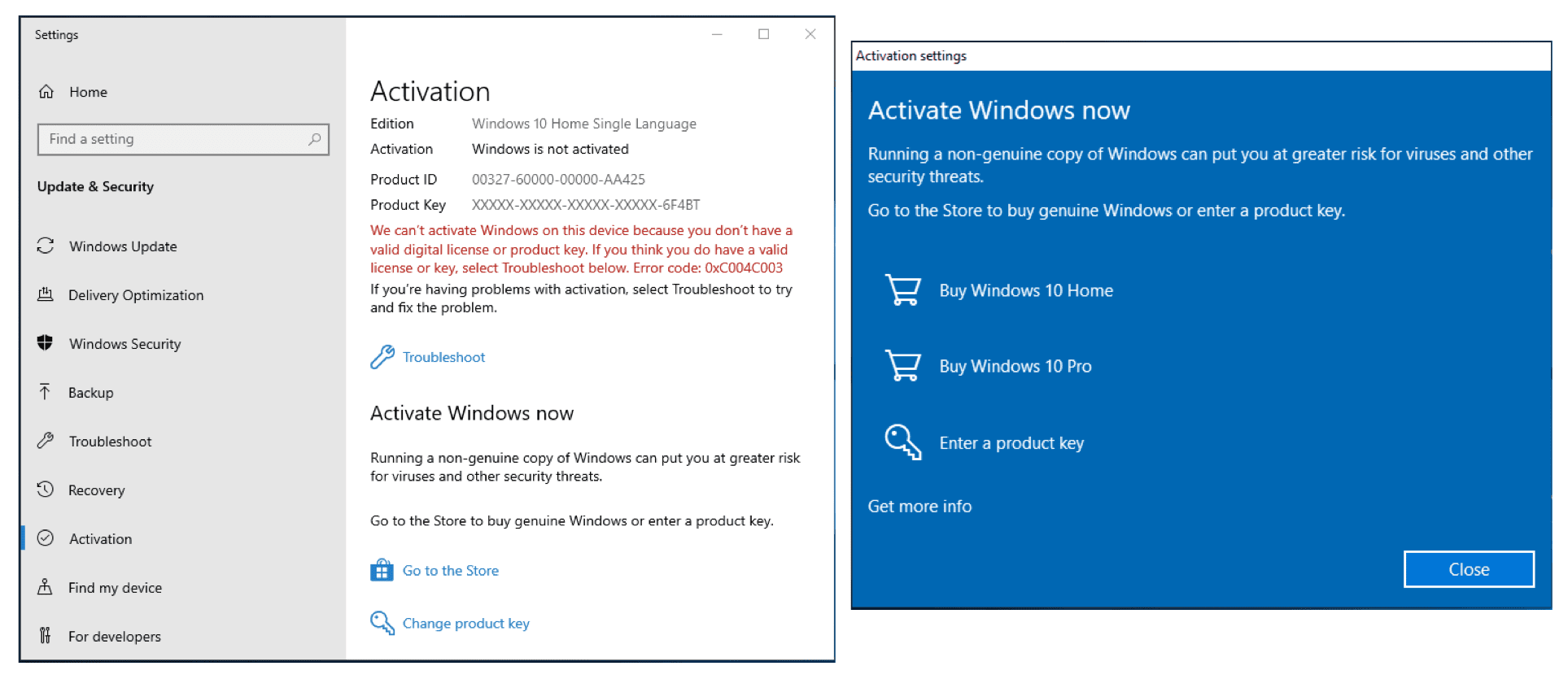 cannot activate windows 10 pro