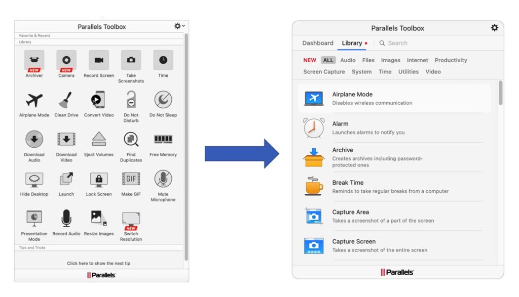 Parallels Toolbox Interface