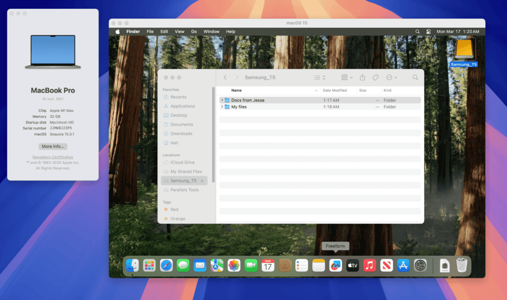 View of accessing USB devices on a Mac through Parallels Desktop 20.3