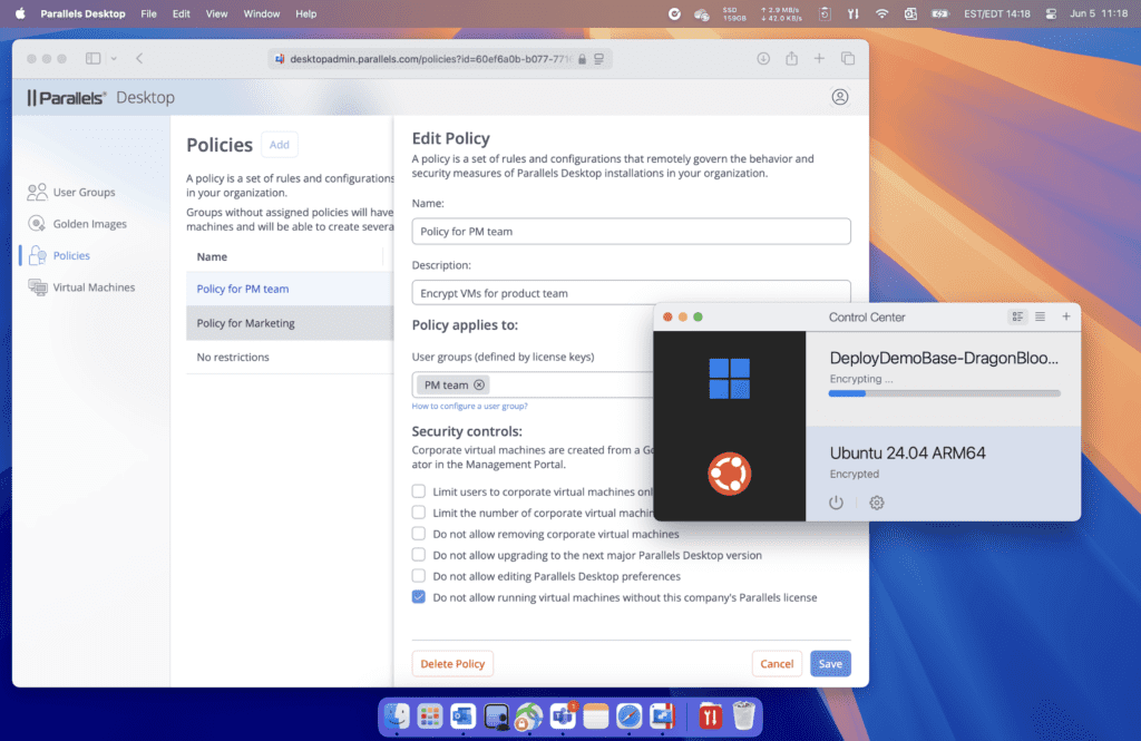 Edit policy screen showing a VM being locked to an organization