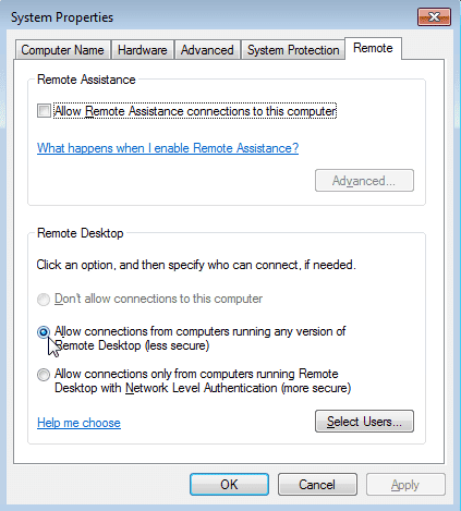 windows 7 cannot remote desktop to server 2012