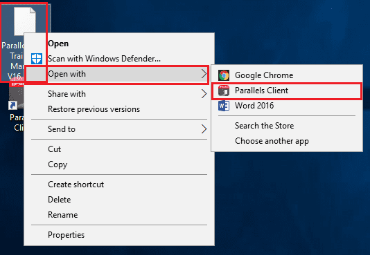 parallels select app to open files