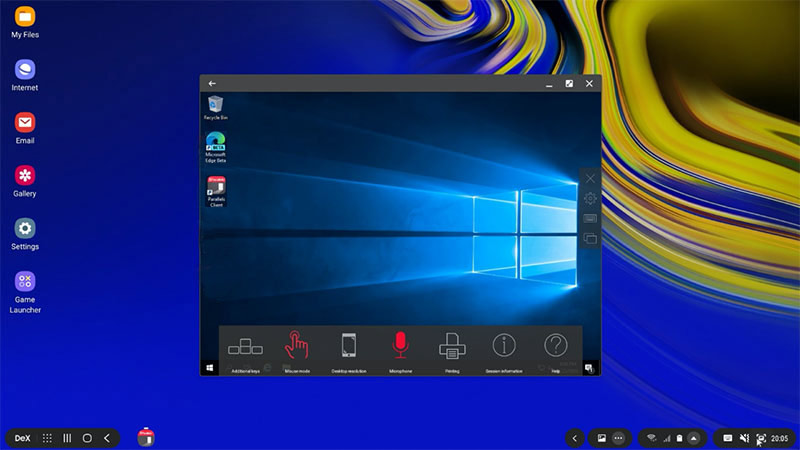 Parallels Client menu bar in Samsung DeX UI.