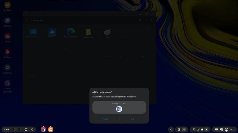 Creating a shortcut for a published resource in Samsung DeX UI.