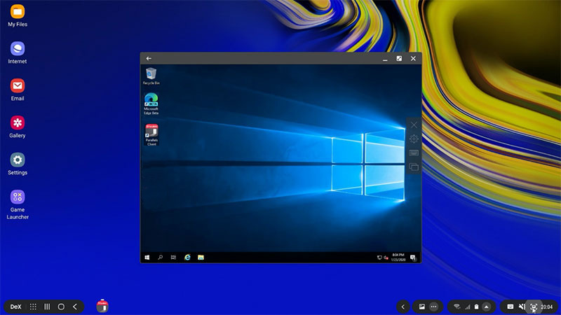 Screenshot: Utilizing a virtual desktop via Parallels Client in Samsung DeX UI.