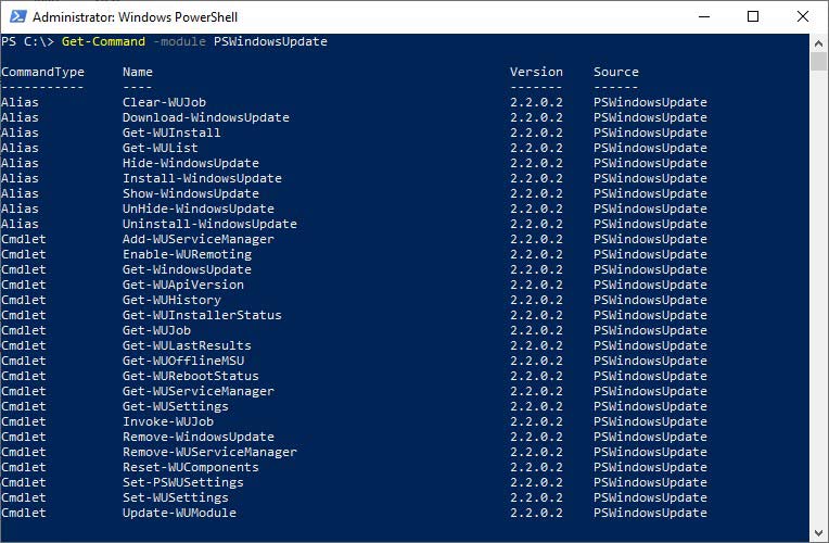 Commands in PSWindowsUpdate 