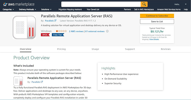 Figure 1 - Deploy Parallels RAS from AWS Marketplace