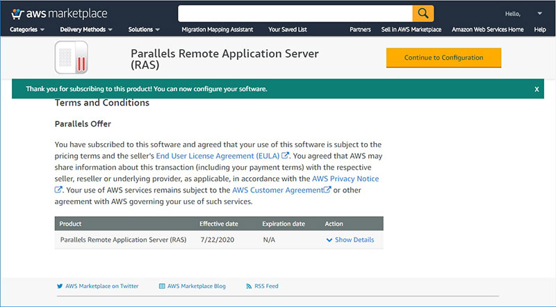 Figure 3 - Deploy Parallels RAS from AWS Marketplace