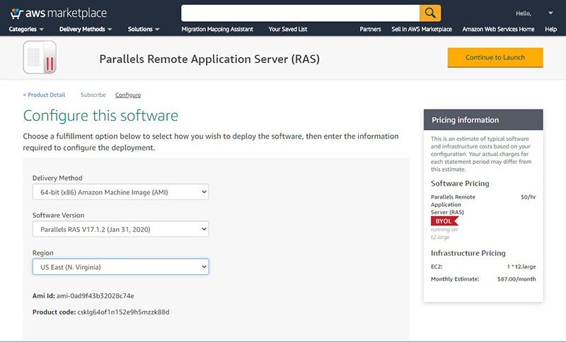 Figure 4 - Deploy Parallels RAS from AWS Marketplace