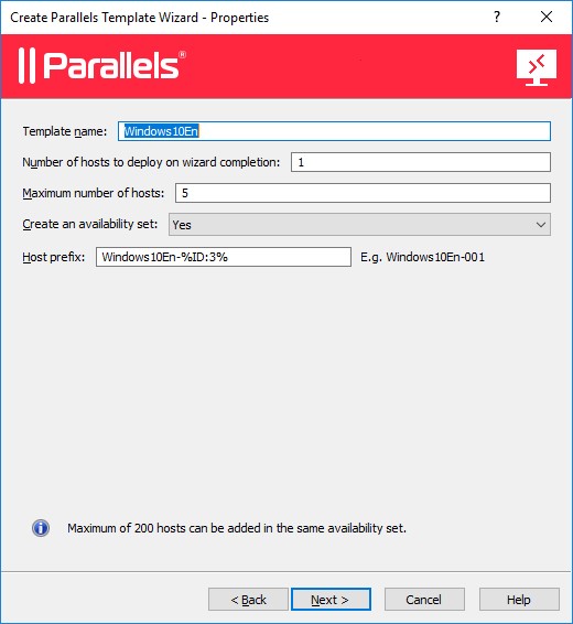 Template Name, Number of hosts to deploy on wizard completion,