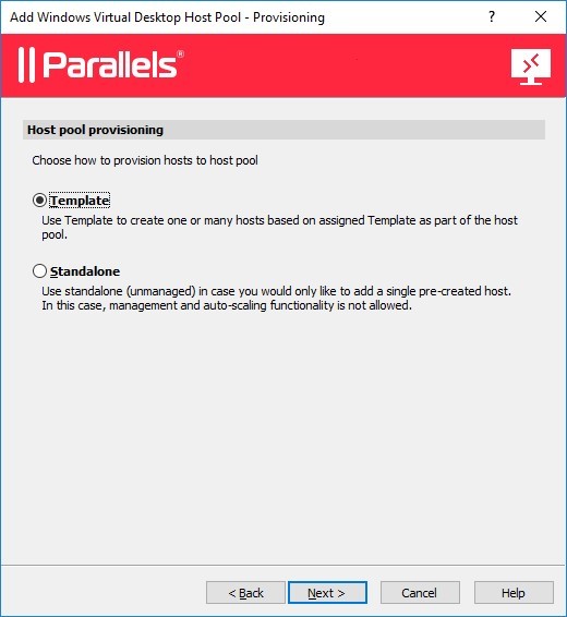 Virtual Desktop Host Pool wizard allows administrators to choose Template as a provisioning type
