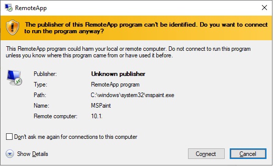 Double-click the .rdp file. You may receive an unknown publisher warning because the file is not digitally signed. Click on Connect.