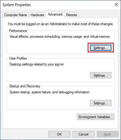 Locate the Advanced tab, and click on the Settings button.