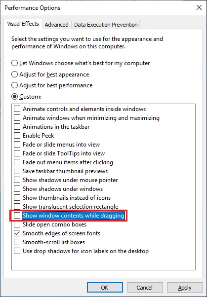 Uncheck the Show window contents while dragging option.