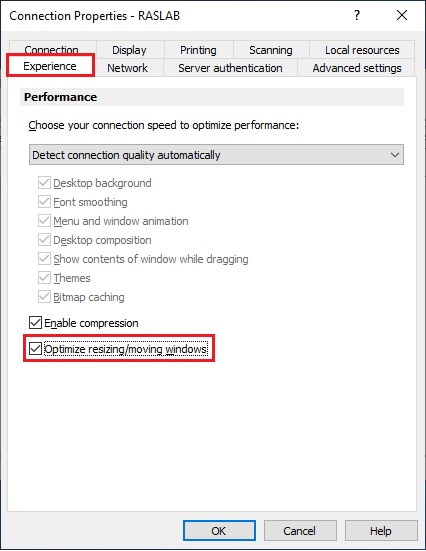 Select the Experience tab, and check the Optimize resizing/moving windows option.