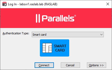 Your Parallels RAS setup is now ready to authenticate users using Smart Card. Users need to select Smart Card as the authentication type in their Parallels Client when logging in to the Parallels Client: 