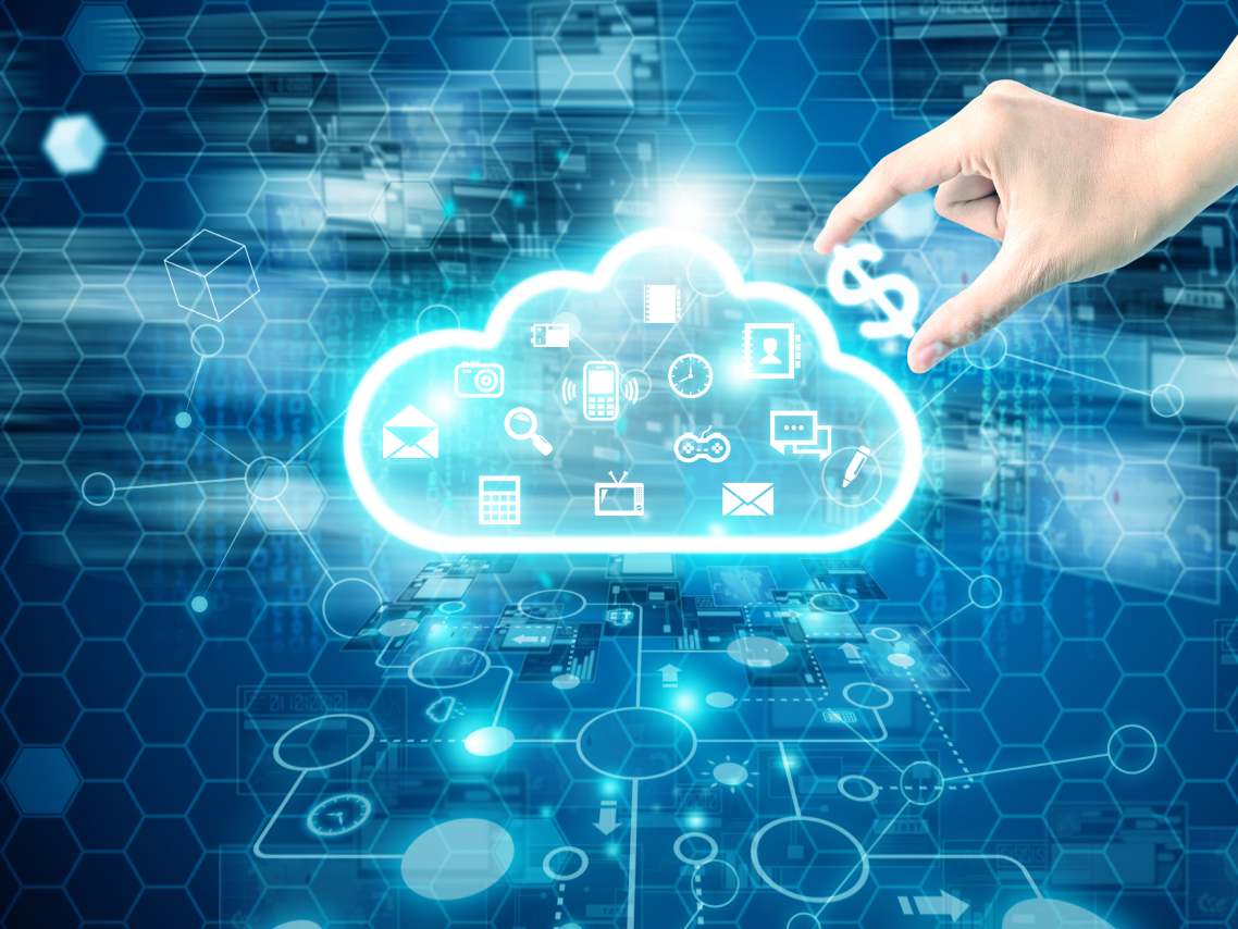  A hand holding a dollar sign reaching for a cloud containing various types of data symbolizing the benefits of cloud cost optimization.