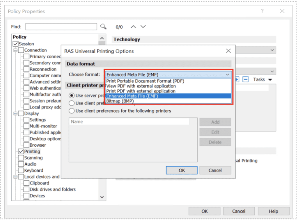 Broad client support and printing formats support