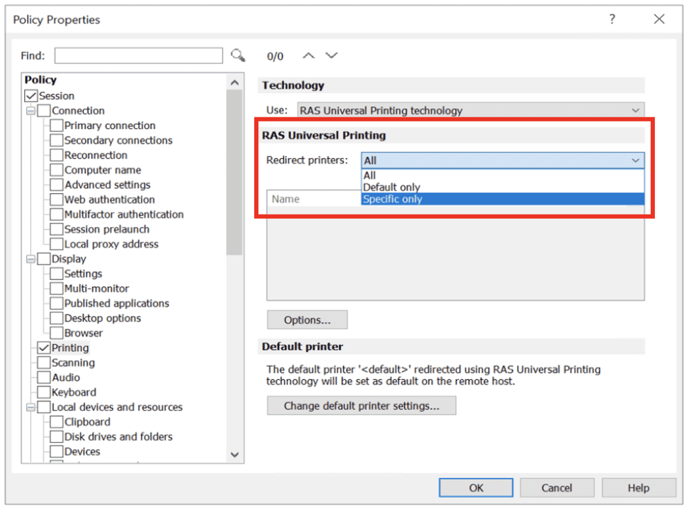 Disabling or enabling printer printer redirection for specific users or groups