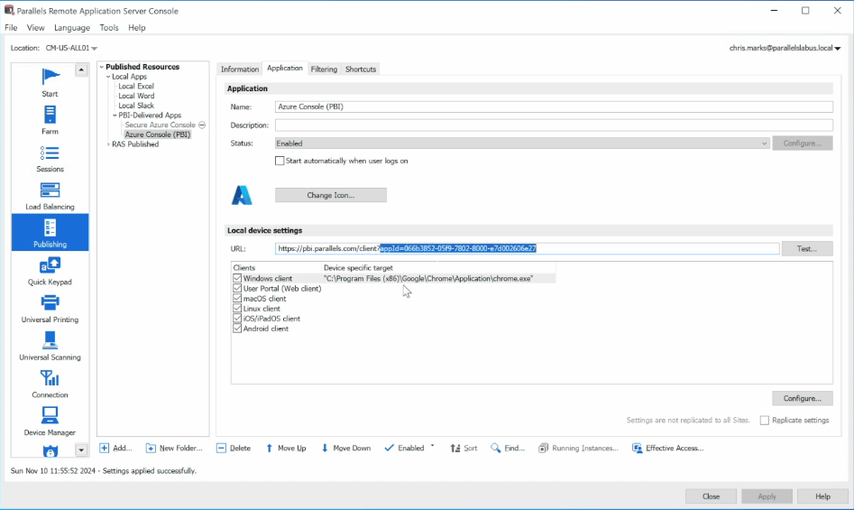 View of how to set app ID within Parallels Client