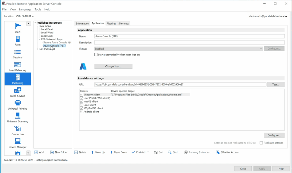 View of app publishing window in Parallels Client for remote work