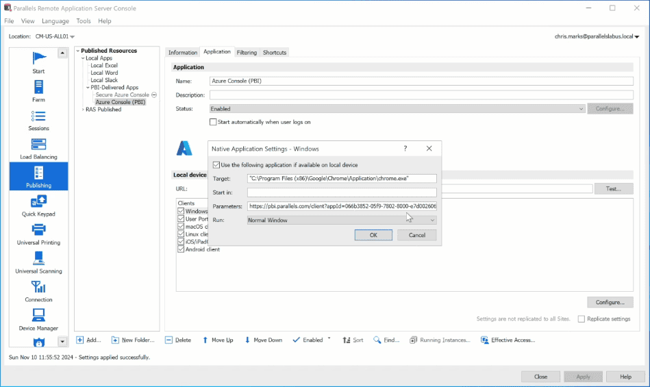 View of managing application settings within Parallels Client