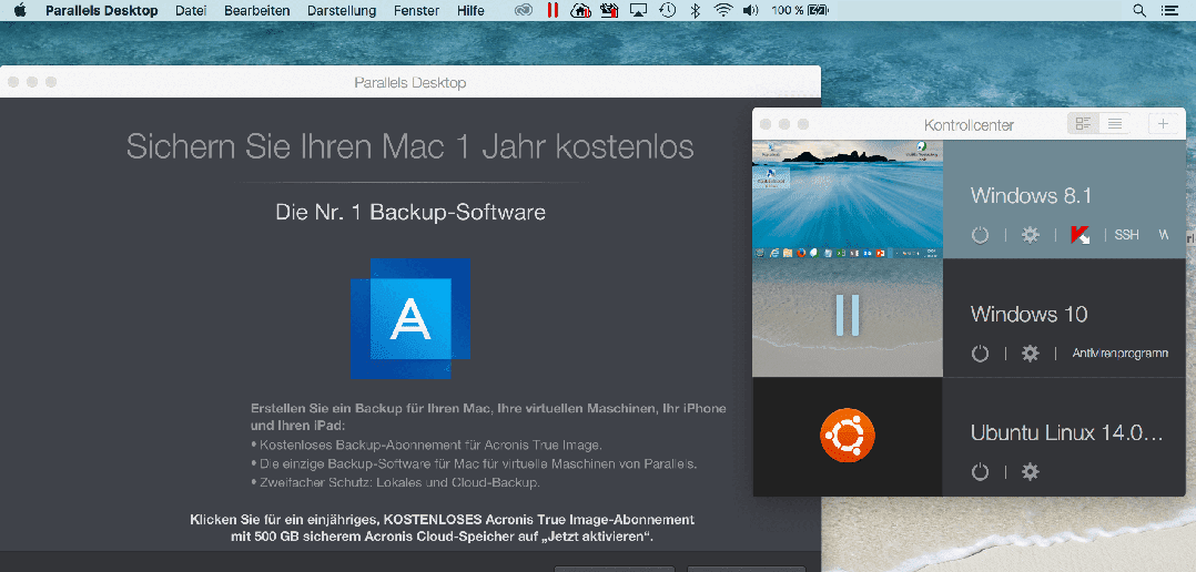 Acronis True Image Backup in Parallels Desktop 12 für Mac