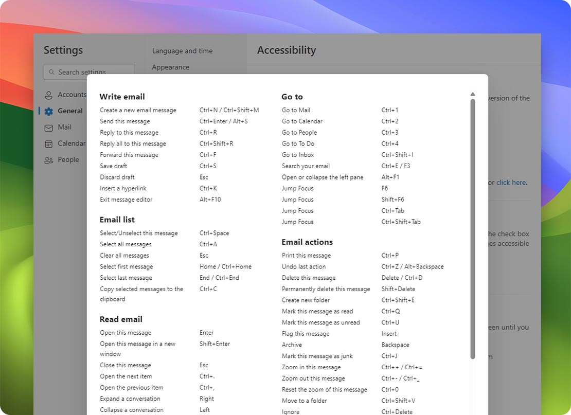 Keyboard shortcuts and navigation options