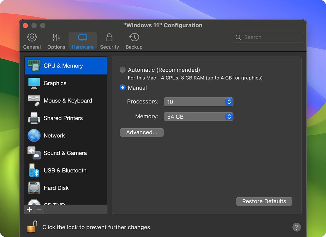Adjust virtual machine settings