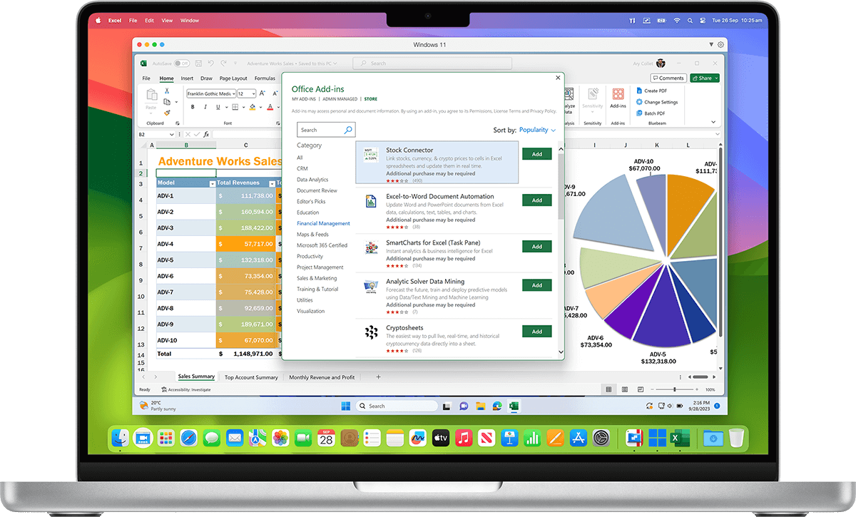 Mac 上で、Microsoft Office 365 のパワーをフルに解放し、Excel と PowerPoint の Windows 専用のアドインを活用できます。