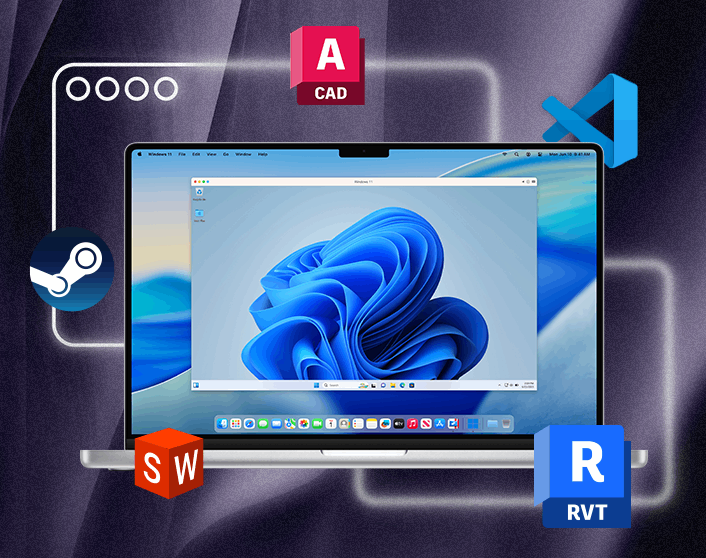 Windows 11 running alongside  macOS in Parallels Desktop on a MacBook Pro